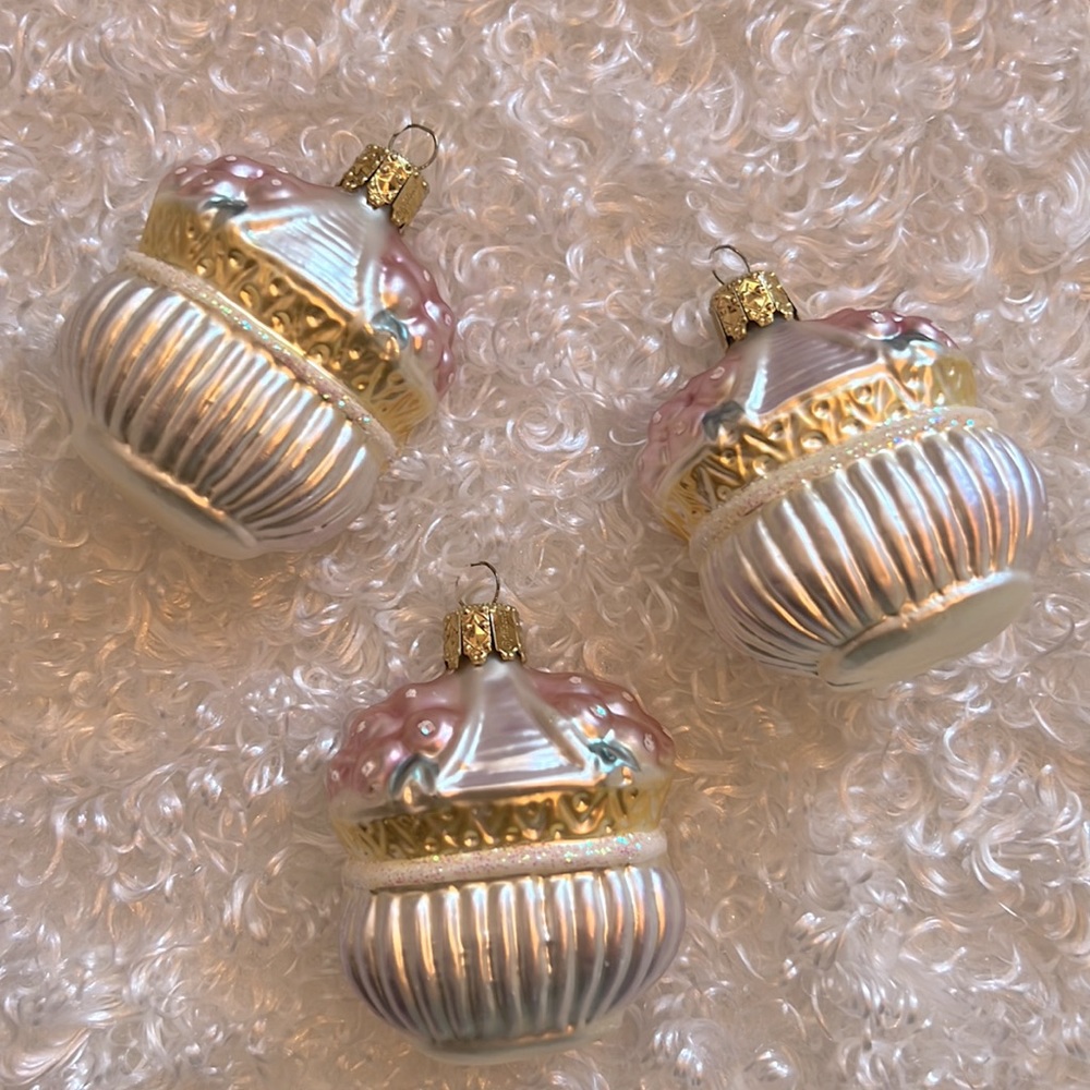 VintageGerman Inge Glass Christmas Ornament Pink White Gold Mouth Blown Hand